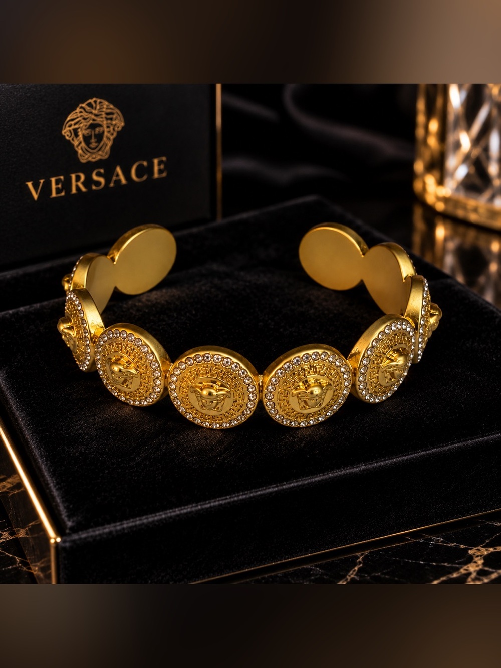 Versace Gold Medusa Crystal Greek Key Open Cuff Bracelet